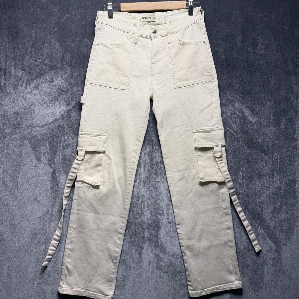 LOVEGEN Jeans Juniors 5/28 White High Rise Straight Cargo Strap Denim Pants